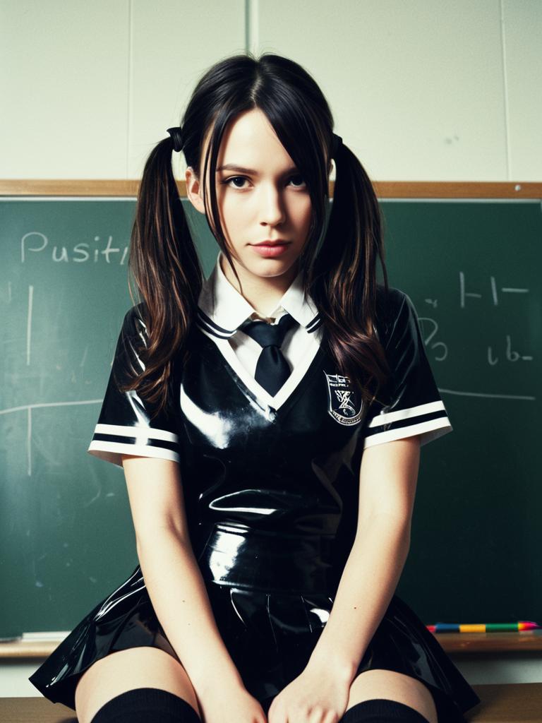 Latex Schoolgirl in Black Uniform Posing in Classroom
