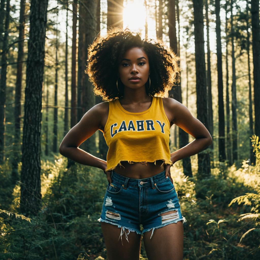 Confident Woman in Yellow Crop Top and Denim Shorts in Sunlit Forest