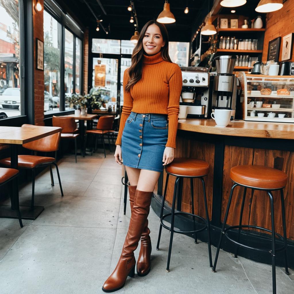 Stylish Woman in Fall Outfit at Modern Coffee Shop Interior