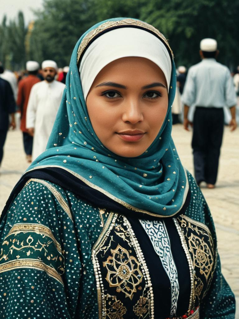 Woman in Islamic Outfit at Cultural Festival Photorealistic