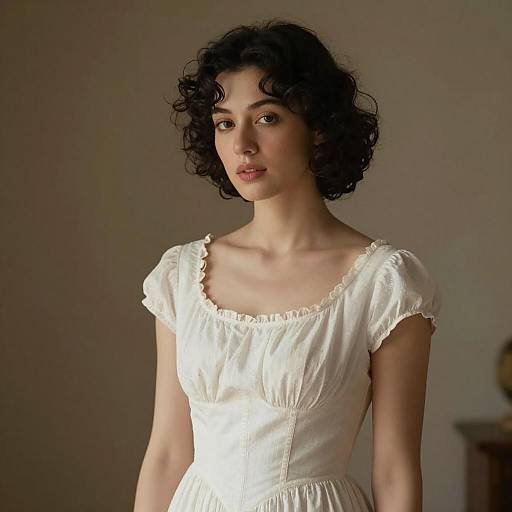 Young Woman in Vintage White Dress Portrait with Curly Hair
