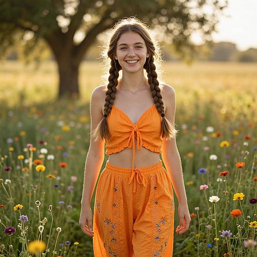 Smiling Woman in Orange Outfit in Sunny Flower Field