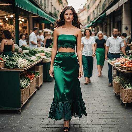 Woman in Elegant Green Satin Dress Walking in Outdoor Market