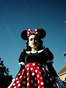 Dramatic Low-Angle Shot of Woman in Minnie Mouse Cosplay Costume