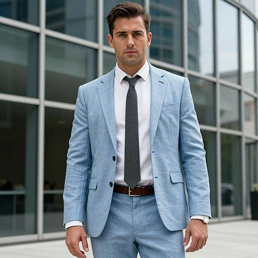 Confident Man in Light Blue Suit Standing Outside Modern Office Building