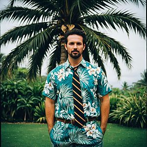 Man in Hawaiian Shirt and Striped Tie in Tropical Setting