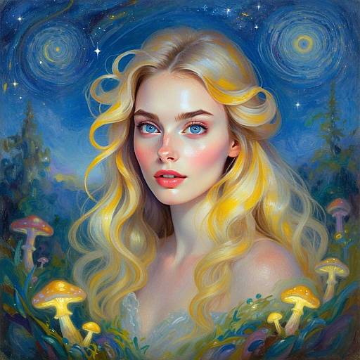 Fantasy Portrait of Woman with Glowing Mushrooms and Starry Night Sky