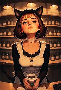 Young Woman in Maid Outfit with Cat Ears at Cozy Café