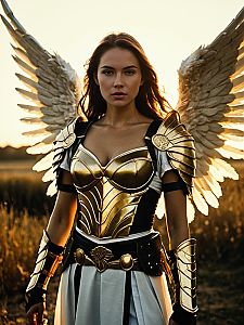 Warrior Angel Woman in Golden Armor Photorealistic Outdoor Portrait
