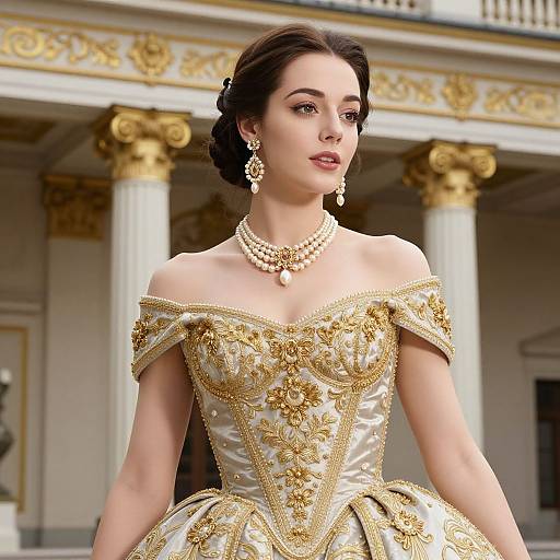 Elegant Woman in Gold Embroidered Ball Gown with Pearl Jewelry
