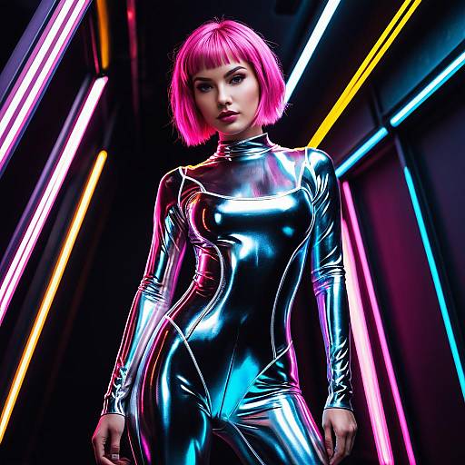 Futuristic Woman in Silver Bodysuit with Neon Cyberpunk Lights