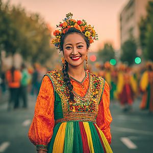 Woman in Colorful Traditional Dress at Cultural Event