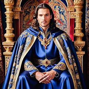Regal Man on Ornate Throne in Blue Robe