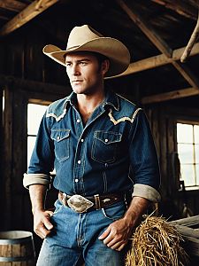 Man in Brokeback Mountain Cowboy Costume in Rustic Barn