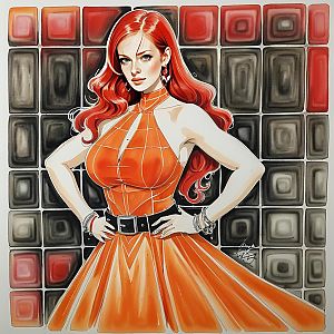 Confident Woman in Orange Dress with Red Hair