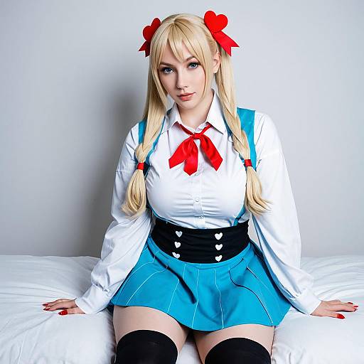 Akai Haato First Costume Cosplay Featuring Blonde Woman in Blue Pinafore Dress