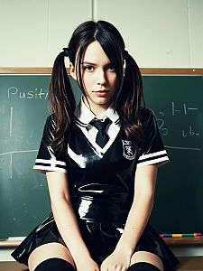 Latex Schoolgirl in Black Uniform Posing in Classroom