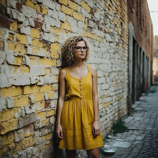 Young Woman in Mustard Yellow Dress Leaning on Textured Brick Wall Urban Alley