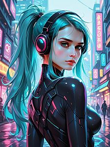 Futuristic Woman in Neon Cyberpunk City