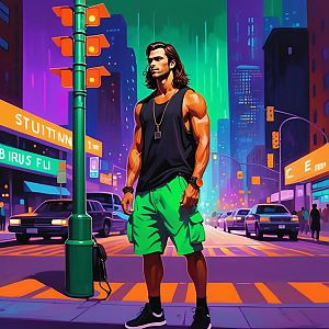 Muscular Man in Neon City Intersection