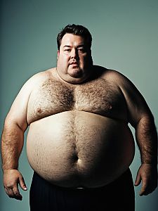 Photorealistic Humorous Studio Portrait of Man in Fat Guy Costume