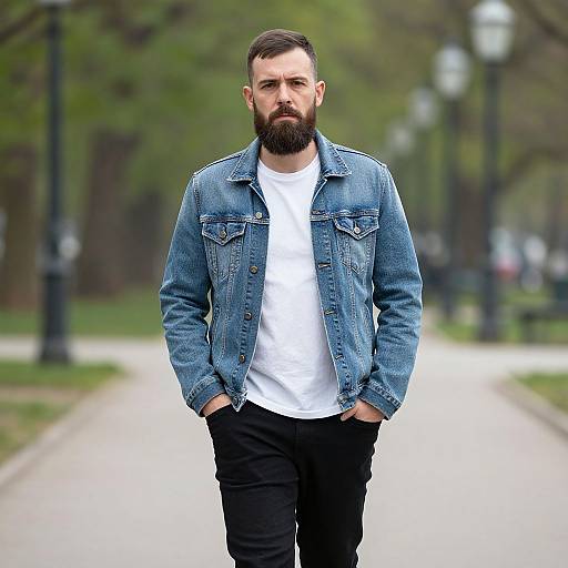 Bearded Man in Denim Jacket Walking in Urban Park
