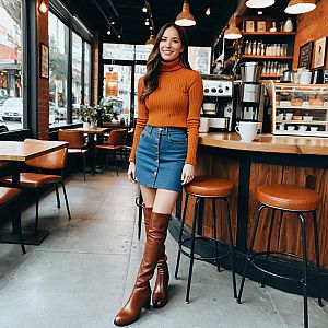 Stylish Woman in Fall Outfit at Modern Coffee Shop Interior