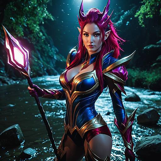 Fantasy Woman Warrior in Glowing Armor by River - Realistic Magical Artwork