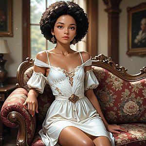 Elegant Woman with Afro on Vintage Sofa