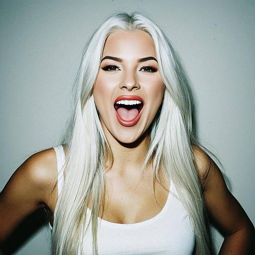 Happy Blonde Woman Smiling Cheerfully in White Tank Top Portrait