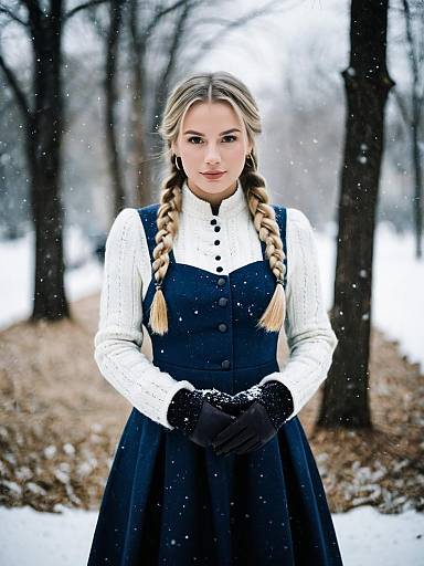 Winter Wedding Outfit - Blonde Woman in Navy Blue Dress and White Sweater with Gloves in Snow