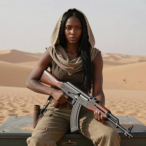 Desert Warrior Woman Holding Rifle in Arid Landscape