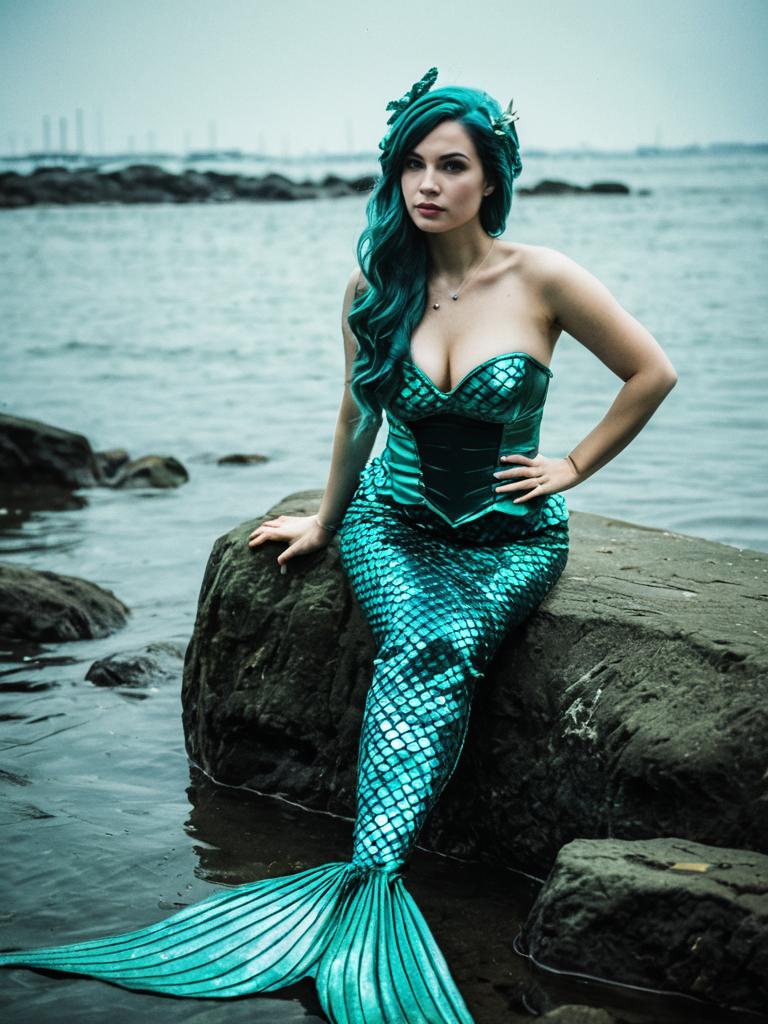 Woman in Shimmering Green Mermaid Costume by Water
