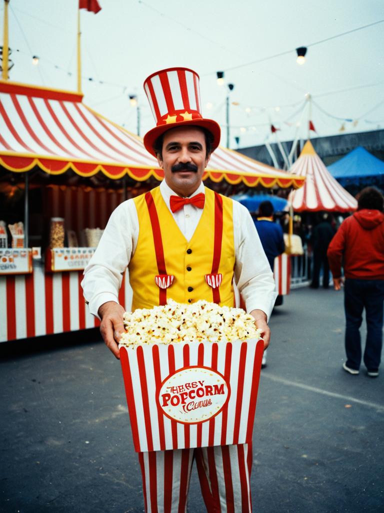 Man in Circus Popcorn Seller Costume at Carnival