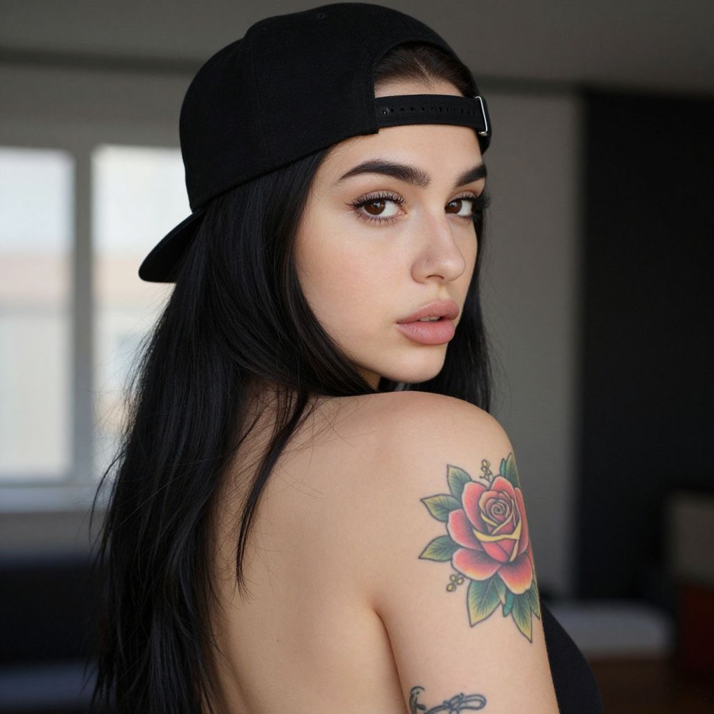 Young Woman with Rose Tattoo Wearing Backward Black Cap