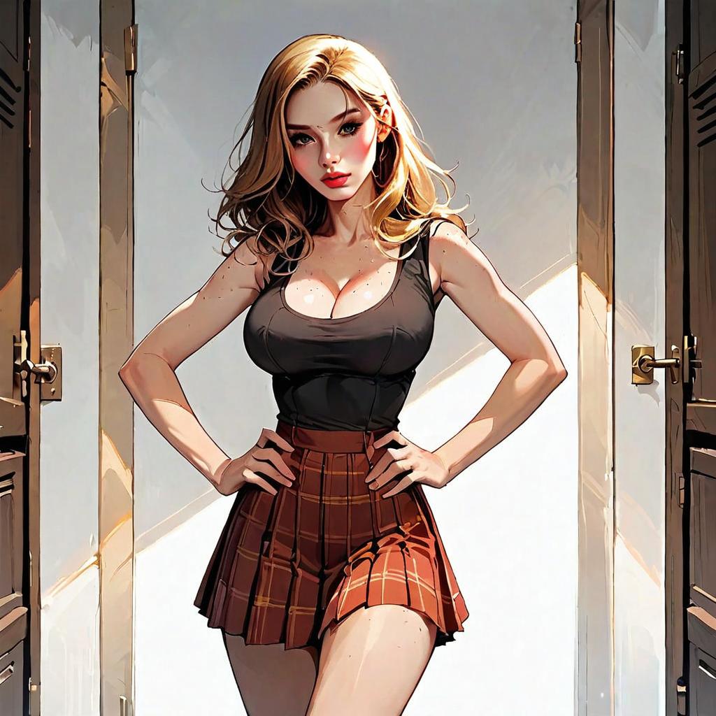 Stylized Digital Art of Blonde Woman in Black Top and Red Plaid Skirt