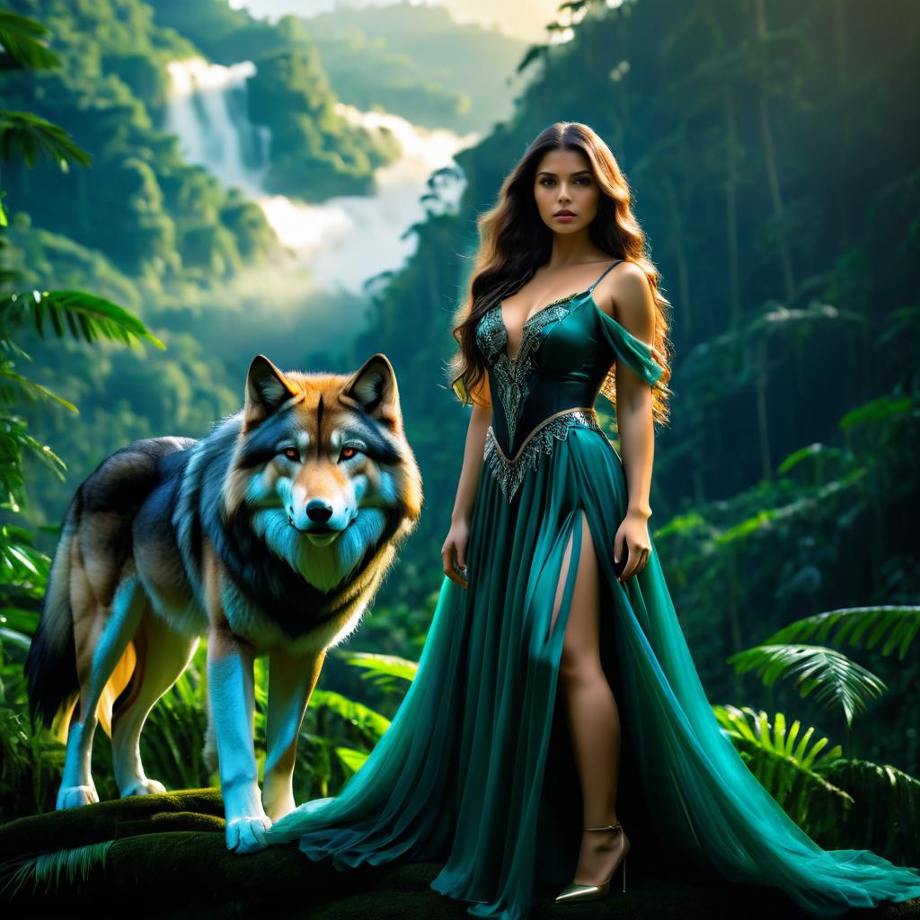 Elegant Woman in Green Gown with Wolf in Forest