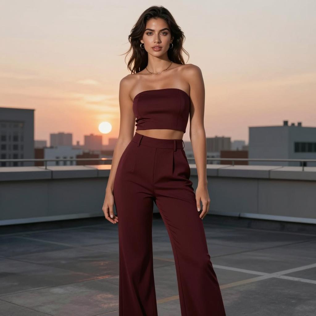 Young Woman in Maroon Crop Top and Wide-Leg Pants on Rooftop at Sunset