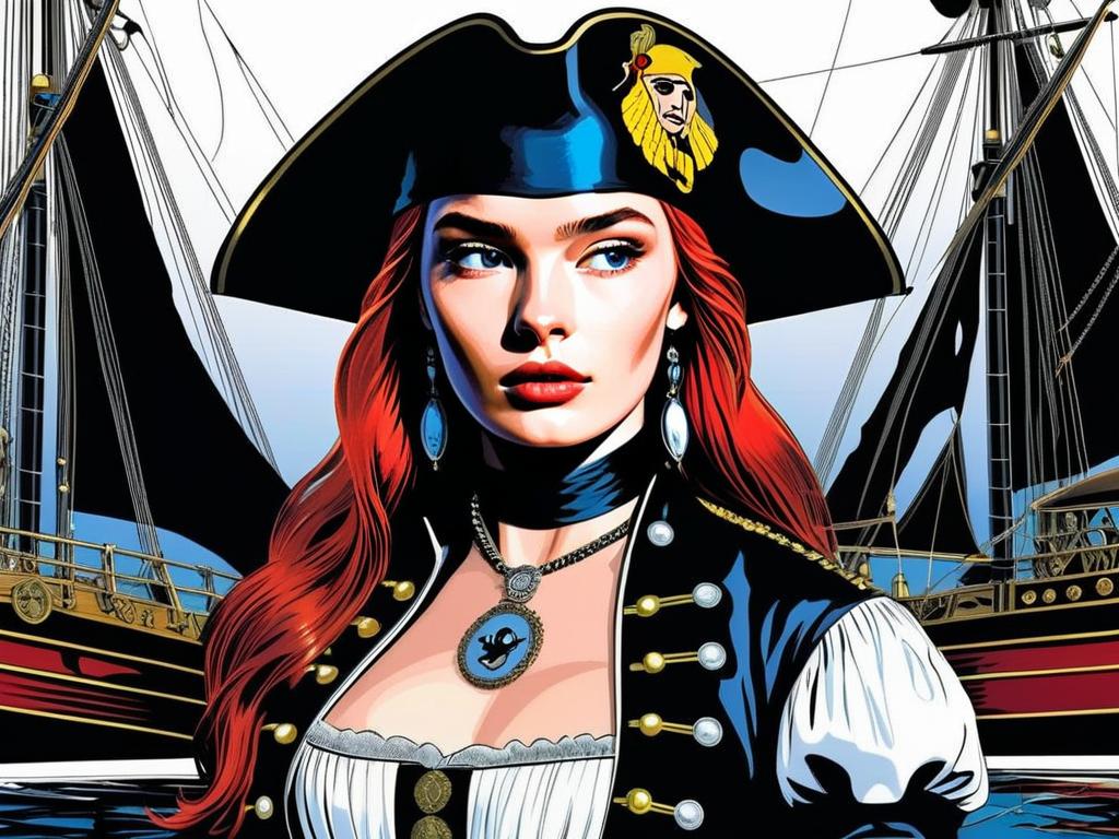 Red-Haired Woman Pirate Digital Art with Historic Sailing Ship Background