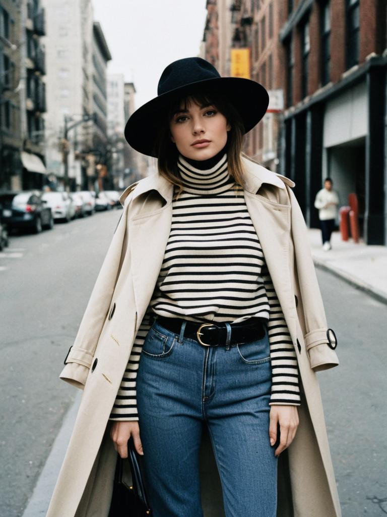 Stylish Woman in Trench Coat and Wide-Brim Hat on City Street