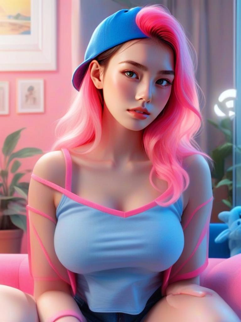 Young Woman with Pink Hair in Colorful Lighting Young Woman with Pink Hair in Colorful Lighting
