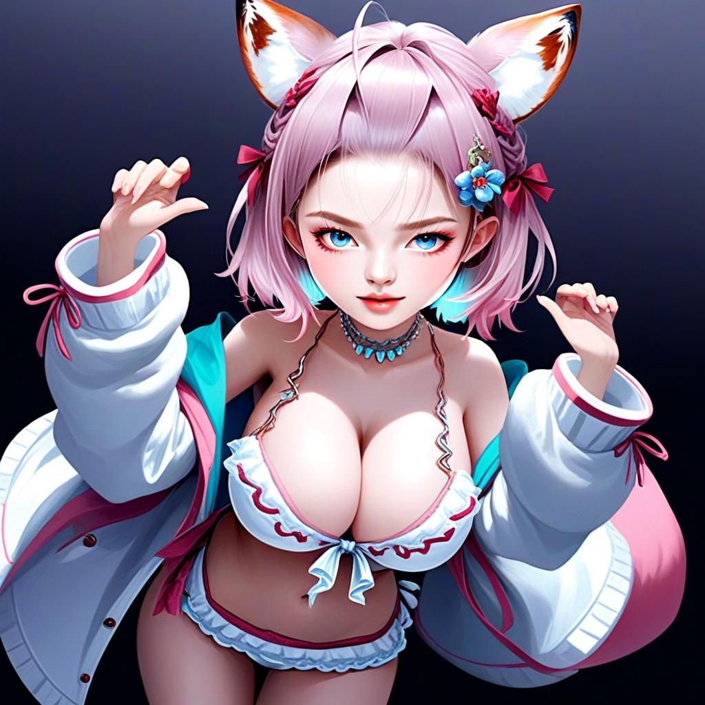 Hakui Koyori Summer Anime Illustration with Fox Ears and Playful Pose