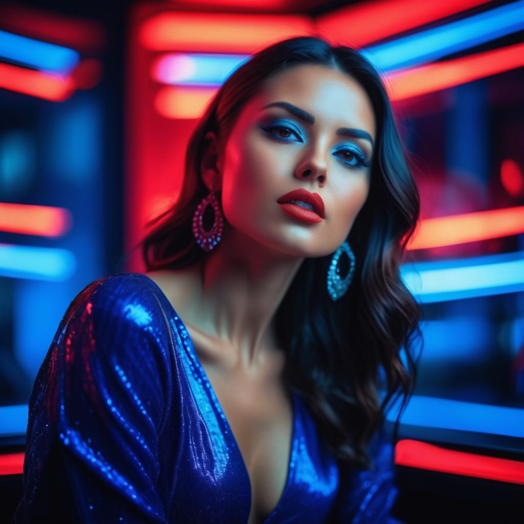 Glamorous Woman in Shimmering Blue Dress with Neon Background