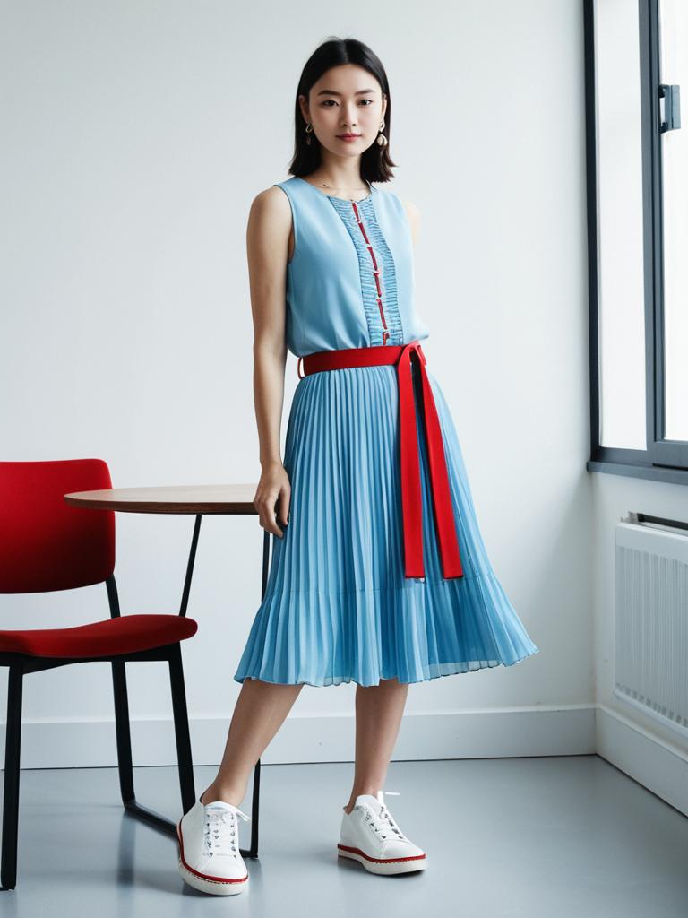 Woman in Light Blue Pleated Dress with Red Belt and White Sneakers Indoor Fashion