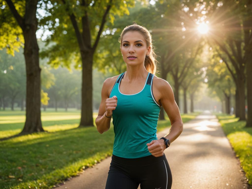 Woman Jogging in Park at Sunrise