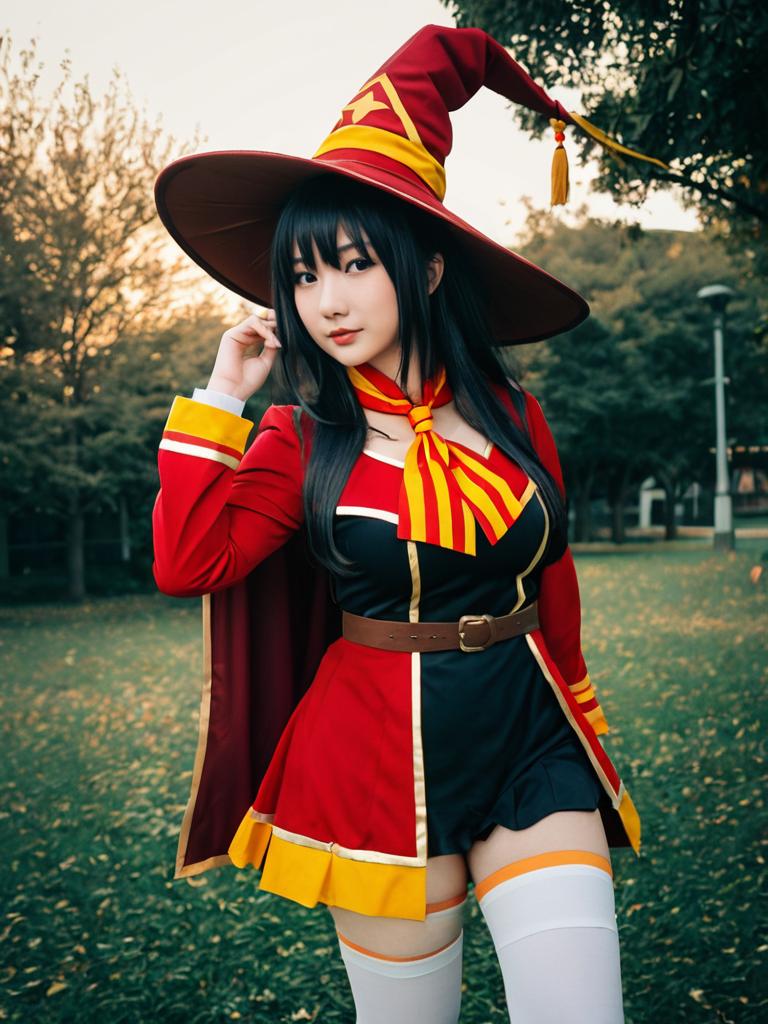 Realistic Photo of Sexy Woman in Megumin Cosplay Costume Outdoors