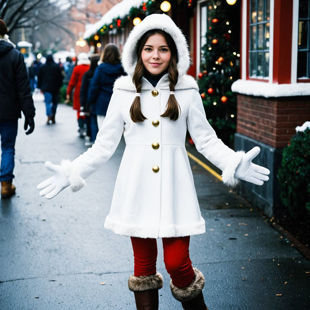 Young Woman in Winter Attire on Festive Street Young Woman in Winter Attire on Festive Street