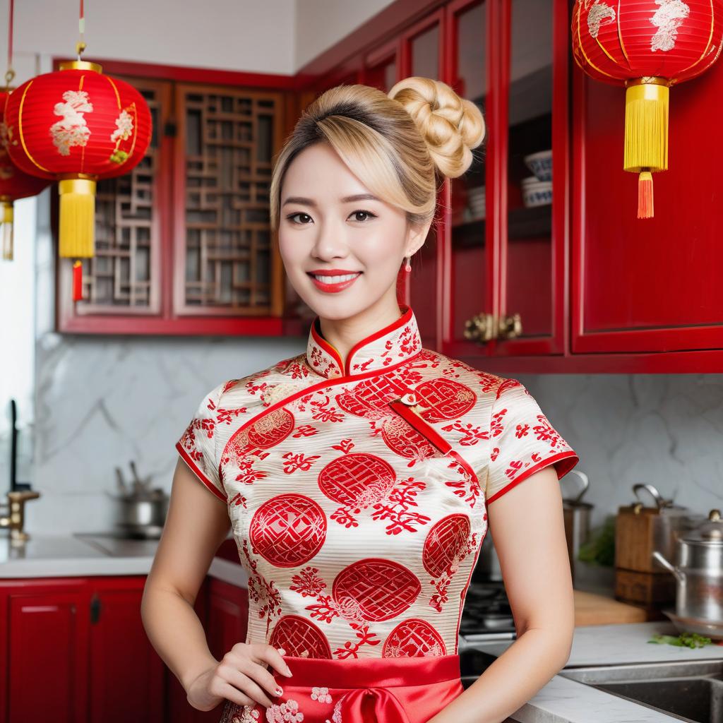 Smiling Woman in Traditional Cheongsam in Festive Kitchen Smiling Woman in Traditional Cheongsam in Festive Kitchen