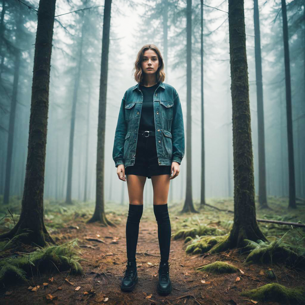 Woman in Misty Forest with Denim Jacket