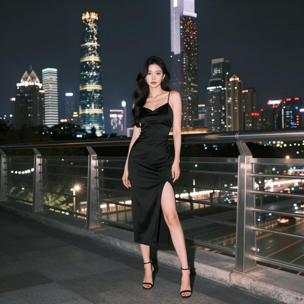 Elegant Woman in Black Satin Dress on City Rooftop at Night